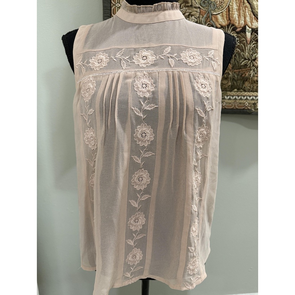 Forever 21 Blouse Womens Small Pink Mock Neck Sheer Floral Embroidered‎ Chiffon